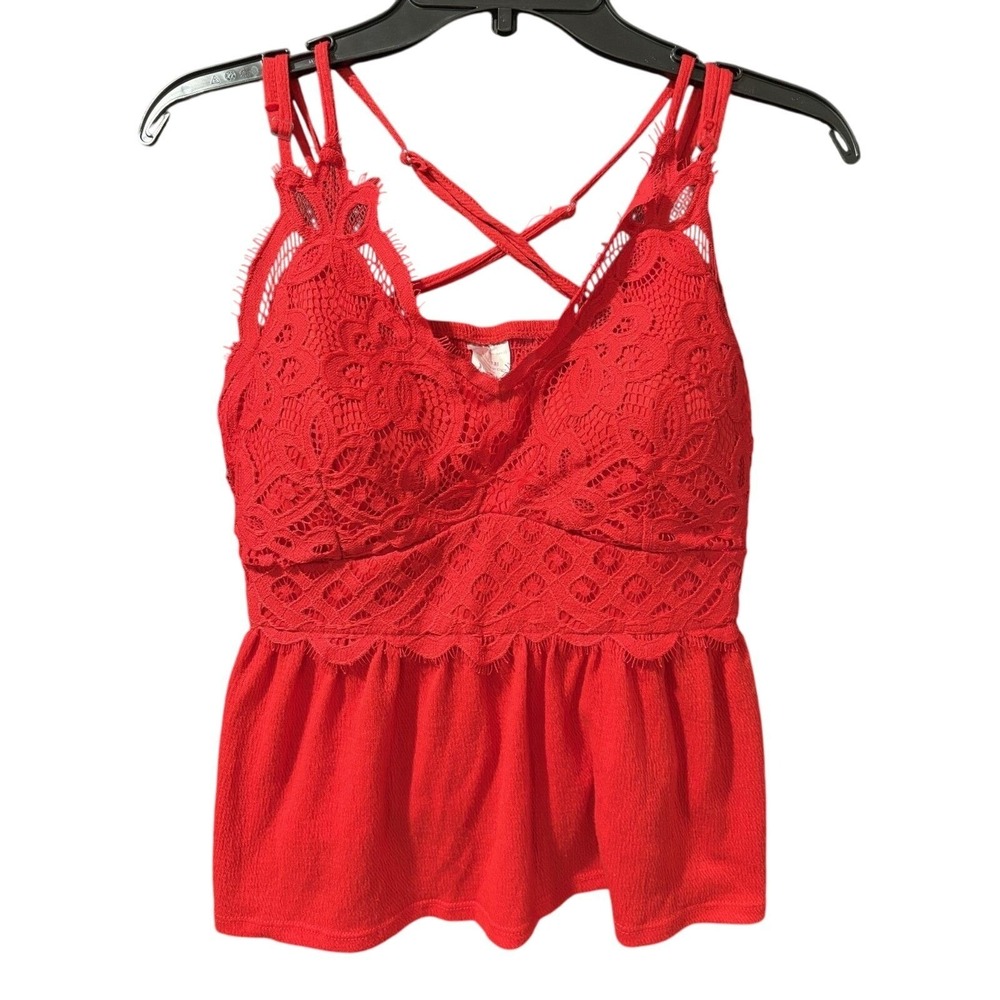 No Boundaries Lace Cami Top Red‎ Babydoll Peplum Juniors L Y2K Romantic Coquette